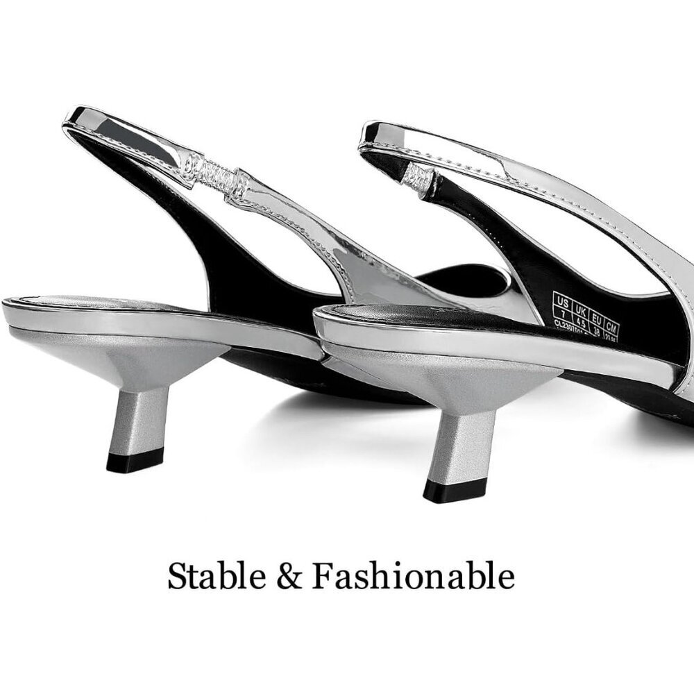 Women Slingback Silver Heel Pumps Dressy Kitten Heels Sandals Wide Width Shoes - Picture 3 of 6